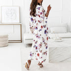 Surplice Neck Self Belted Botanical Print Bishop Sleeve Dress