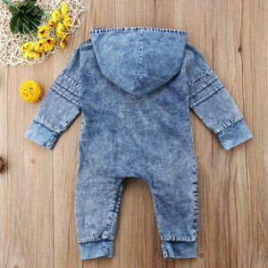 Newborn Baby Little Boys Zipper Romper Classic Jeans Outfit Long Sleeve Blue Bodysuit