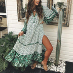 Green Ditsy Floral Print V Neck Lantern Sleeve Split Ruffle Hem Dress