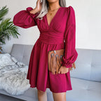 Sexy Pleated Chiffon Dress Elegent V-neck Solid Dress
