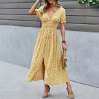Puff Sleeve Button Detail Shirred Waist Ditsy Floral Print Slit Hem Dress
