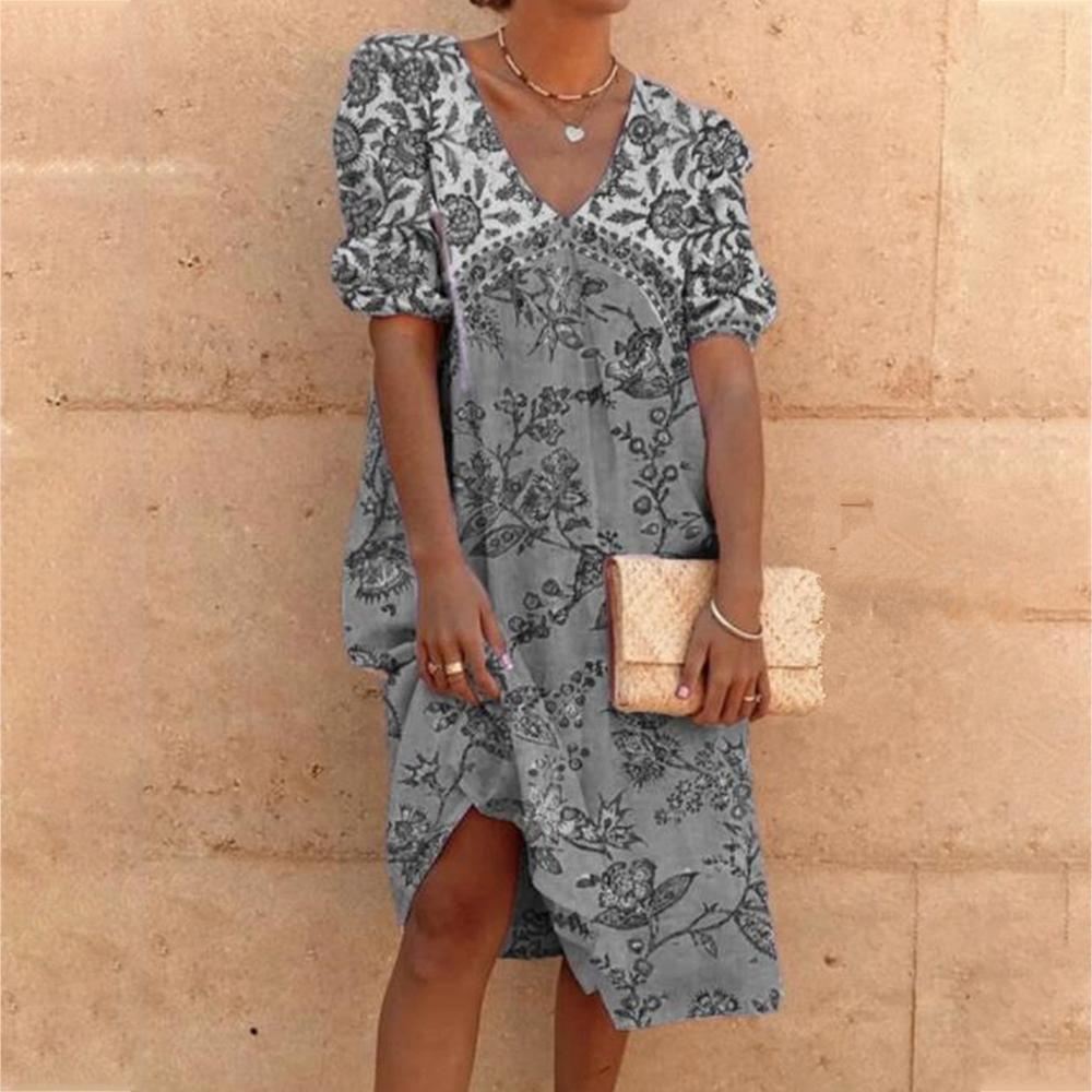 Vintage Floral Print V Neck Half Sleeve Dress