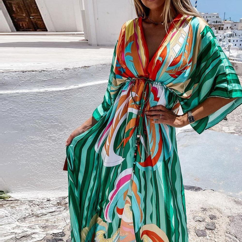 Tropical Print Dolman Sleeve Tie Front V Neck Maxi Dress