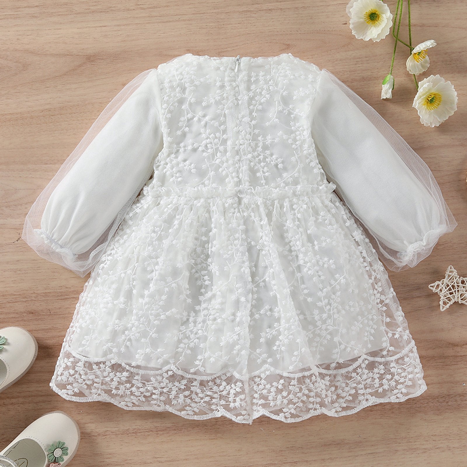 Toddler Baby Girls White Romper and Dress Long Sleeve Lace Tutu Dress