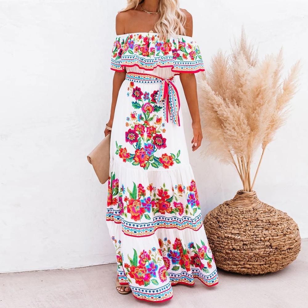 Allover Floral Print Off Shoulder Ruffle Hem Belted Maxi Dress