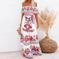 Allover Floral Print Off Shoulder Ruffle Hem Belted Maxi Dress