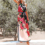 Floral Print Split Thigh Halter Neck Belted Cami Dress