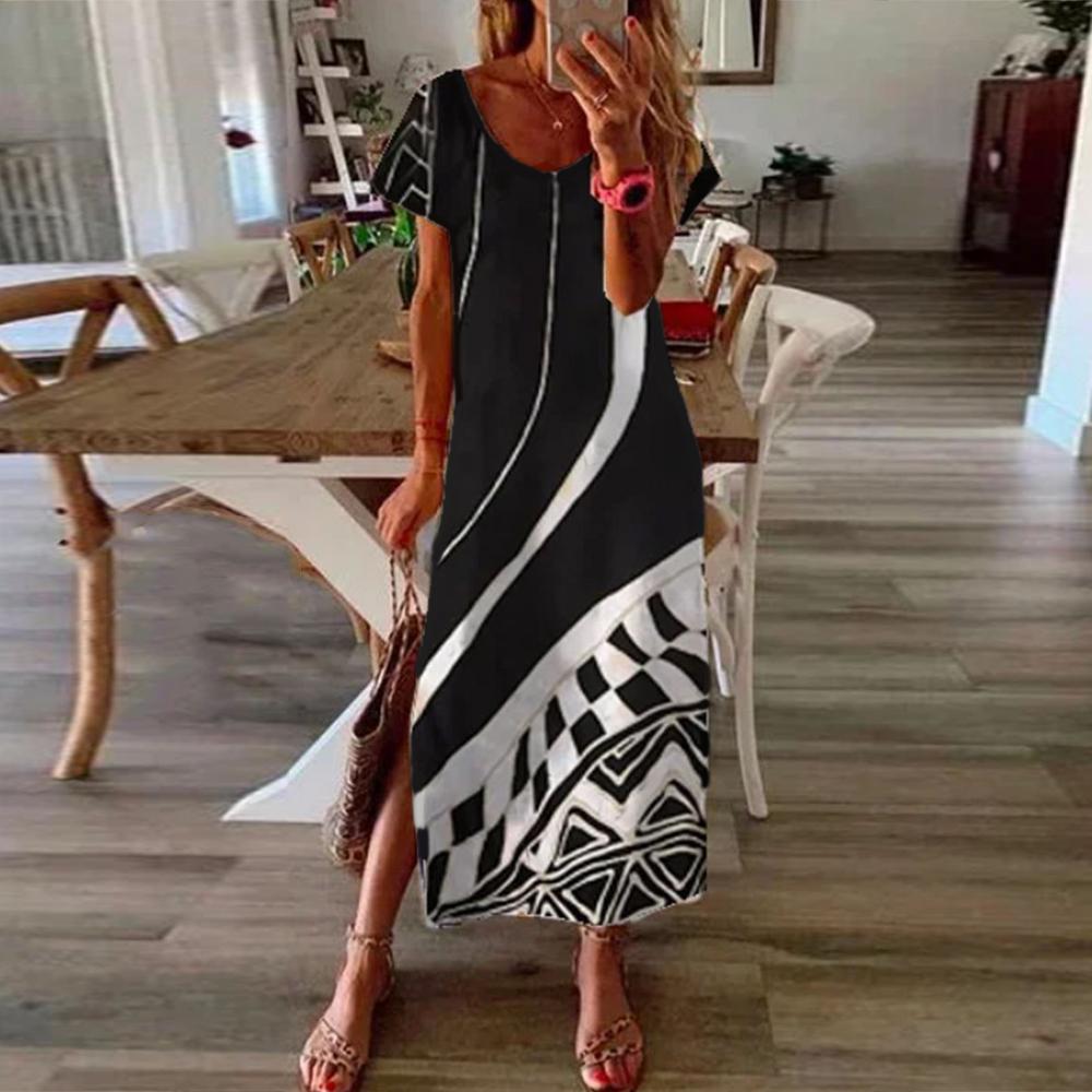 Black Graphic Print Round Sleeve Short Sleeve Long Dress