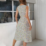 Ditsy Floral Print Round Neck Sleeveless Cut Out Waist Dress