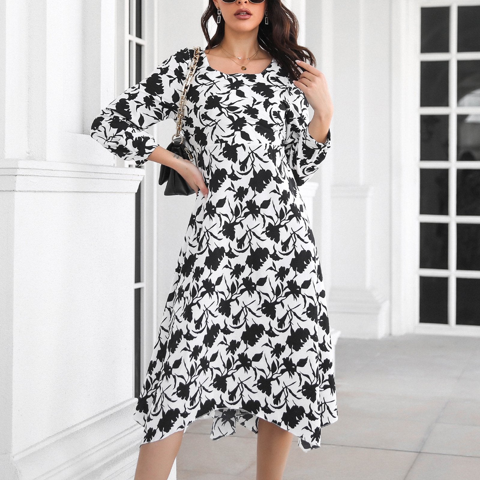 Floral Print Bishop Sleeve Asymmetric Hem Square Neck Dress