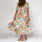 Green Floral Print Shirred Waist V Neck Flounce Sleeve A-line Dress
