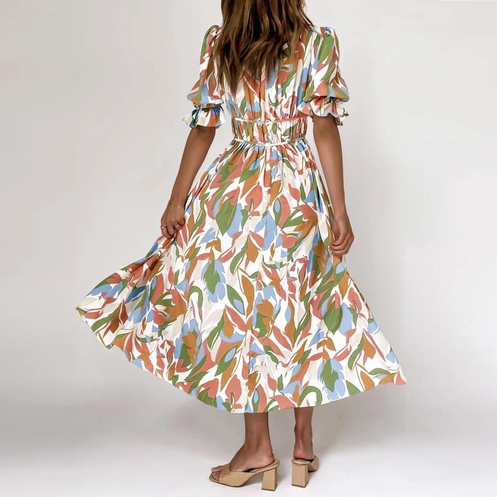 Green Floral Print Shirred Waist V Neck Flounce Sleeve A-line Dress