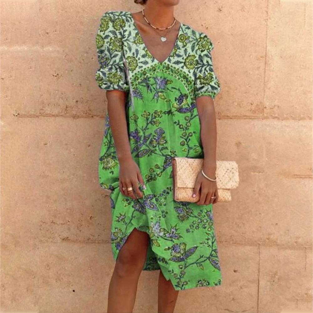 Vintage Floral Print V Neck Half Sleeve Dress