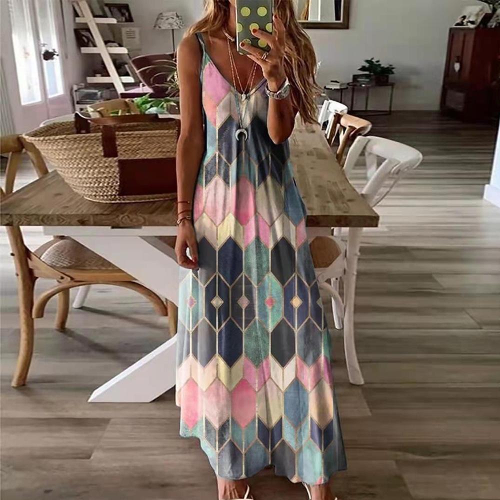 Floral & Geometric & Star and Moon & Leaf & Feather Print Cami Maxi Dress