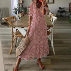 White & Floral Print Tie Neck Flounce Sleeve Ruffle Hem Maxi Dress