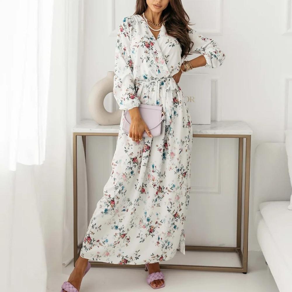 Surplice Neck Self Belted Botanical Print Bishop Sleeve Dress