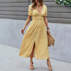 Puff Sleeve Button Detail Shirred Waist Ditsy Floral Print Slit Hem Dress
