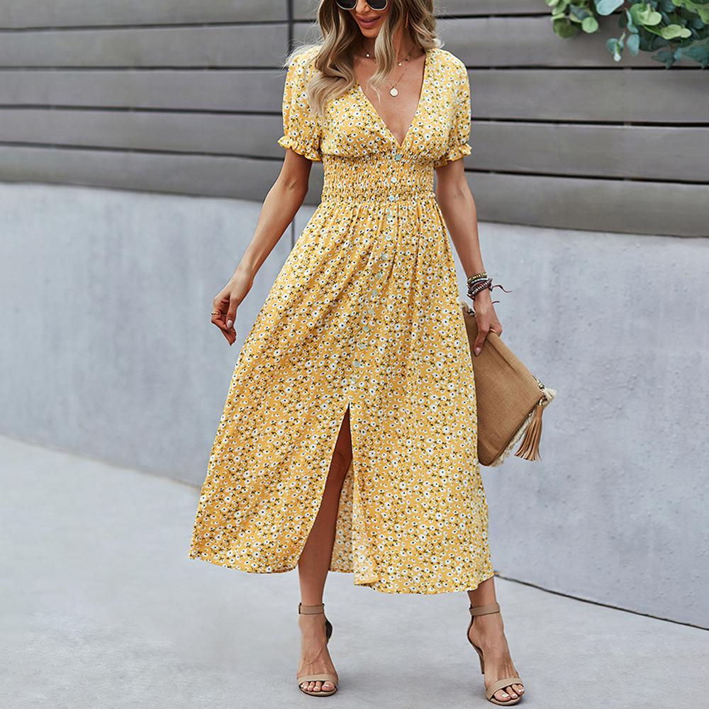 Puff Sleeve Button Detail Shirred Waist Ditsy Floral Print Slit Hem Dress