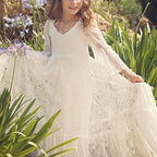 Kids Pageant Dresses Solid Color Three Quarter Mandarin Sleeve Sweet Maxi Dress