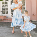 Mommy and Me Dress Fashion Floral Kids Mother Matching Dress Square Neck Half Sleeve Plaid Midi Dress