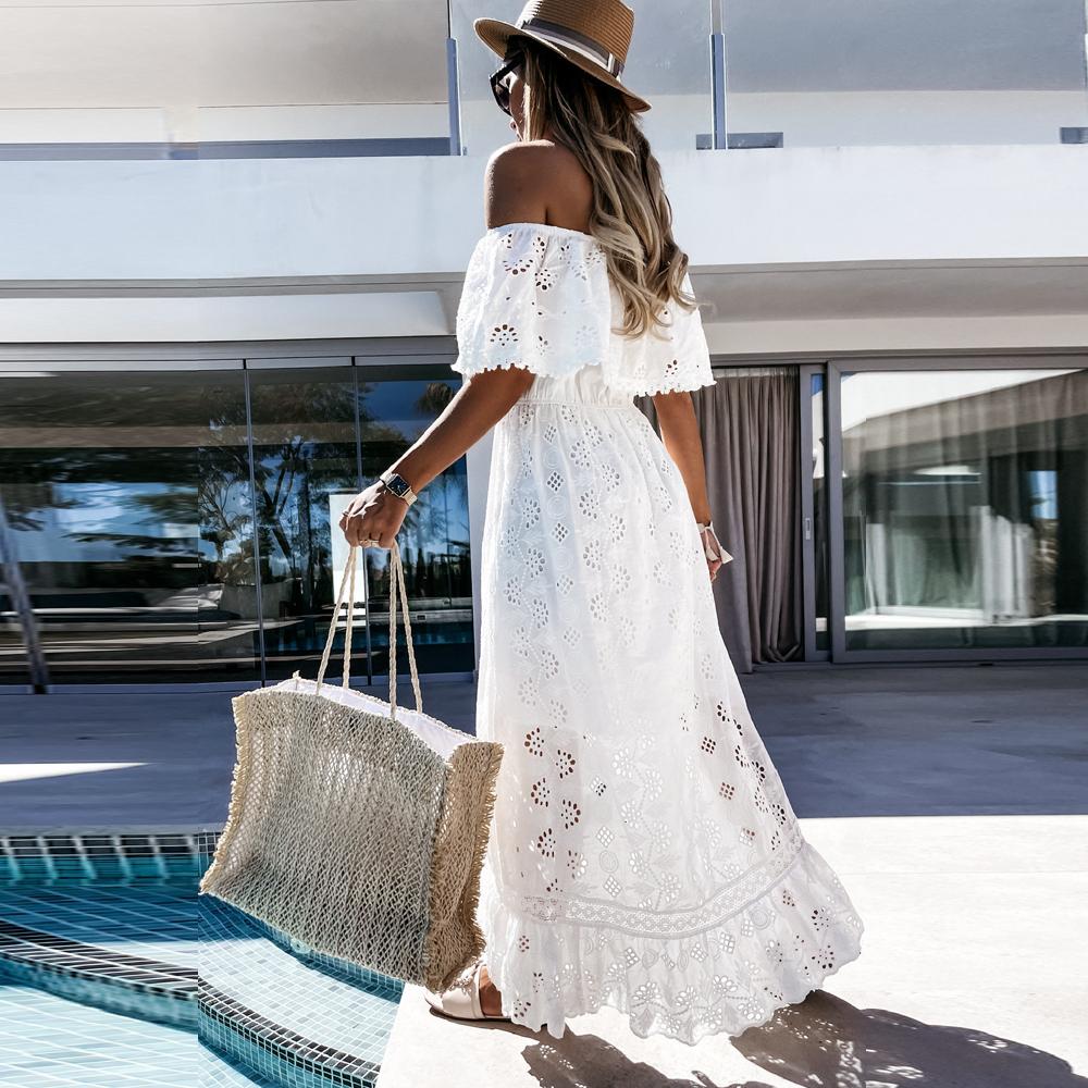 Off Shoulder Floral Hollow Ruffle Trim Asymmetrical Hem Dress