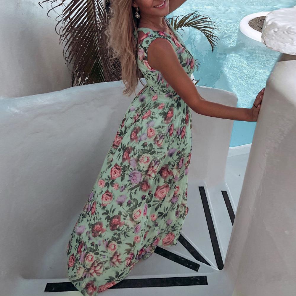 Floral Print Surplice Neck Sleeveless Split Thigh Maxi Dress
