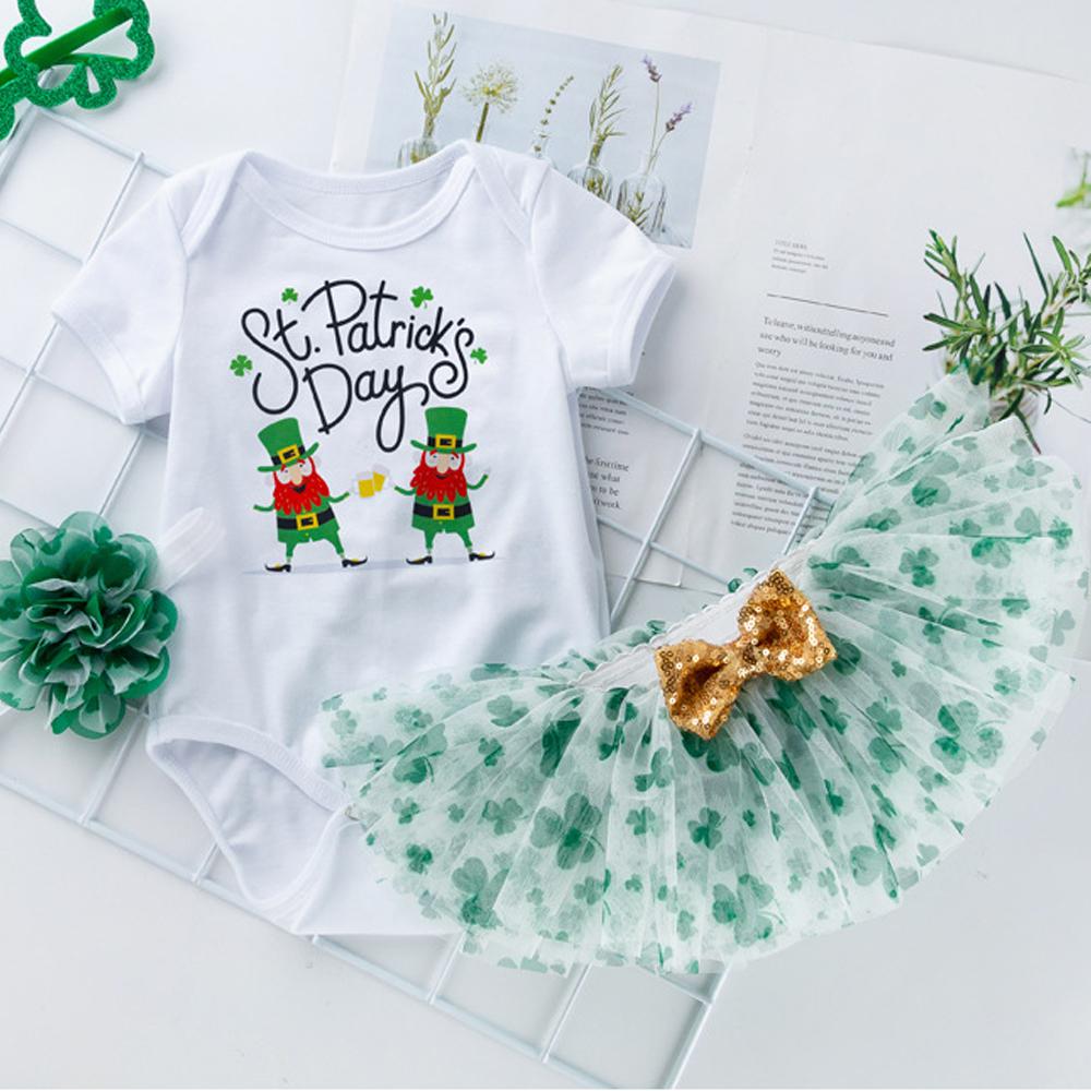 Baby Girl 1st St Patrick's Day Outfit Romper Flower Tutu Skirt and Headwear Suit