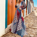 Geo Print Surplice Front V Neck Bishop Sleeve Backless Long Dress