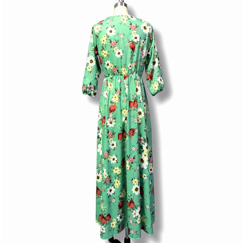 A-Line Floral Print Lantern Sleeve High Waist Long Dress Without Belt