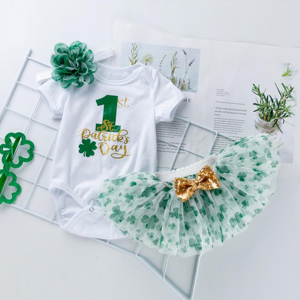 Baby Girl 1st St Patrick's Day Outfit Romper Flower Tutu Skirt and Headwear Suit
