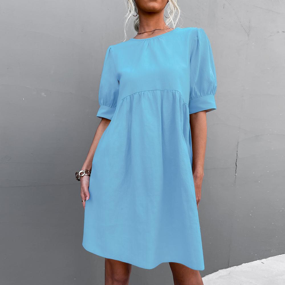 Solid Puff Sleeve Button Back Round Neck Casual Dress