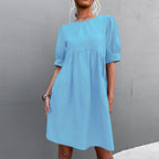 Solid Puff Sleeve Button Back Round Neck Casual Dress