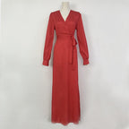 Solid Bishop Sleeve Surplice Front V Neck Split Thigh Belted Maxi Dress