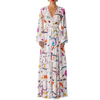 Graphic & Geo Print Lantern Sleeve Overlap Collar Split Thigh Belted Dress