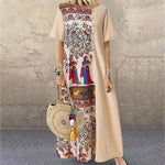 Round Neck Colorblock Fresco Print Short Sleeve Vintage Dress