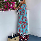 Blue Floral & Geo Print Half Sleeve V Neck A-Line Maxi Dress