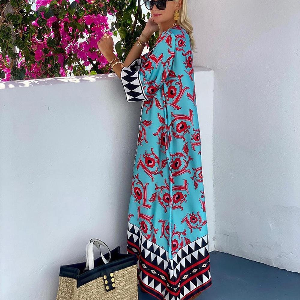 Blue Floral & Geo Print Half Sleeve V Neck A-Line Maxi Dress
