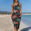 Sea Turtle Print Round Neck Pocket Patched Sleeveless Dress