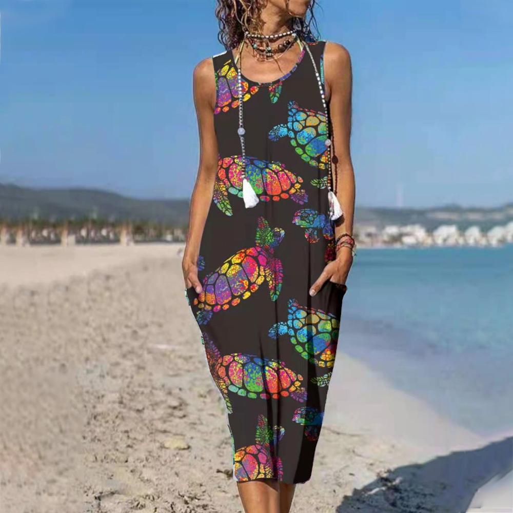 Sea Turtle Print Round Neck Pocket Patched Sleeveless Dress