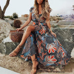 Women Boho Summer Beach V Neck Short Sleeve Belted Maxi Dress