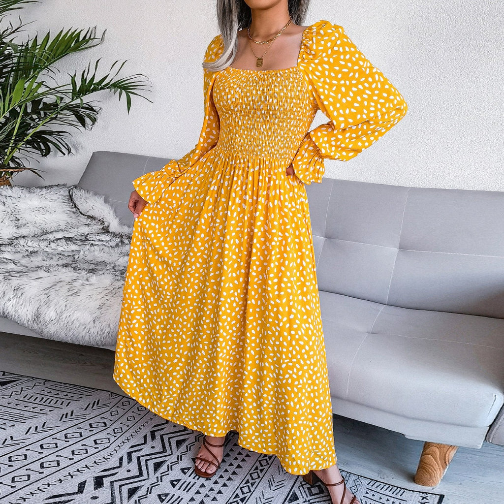 Dalmatian Print Flounce Sleeve Square Neck Shirred A Line Dress