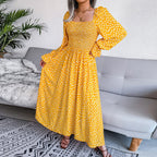 Dalmatian Print Flounce Sleeve Square Neck Shirred A Line Dress