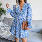 Elegent Chiffon Dress Floral Printed Deep V-neck Midi Party Dress