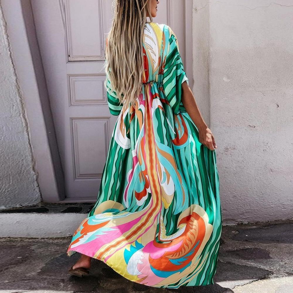 Tropical Print Dolman Sleeve Tie Front V Neck Maxi Dress