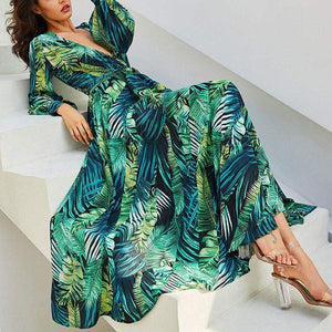 Tropical Leaves & Floral Print Lantern Sleeve V Neck Belted Maxi Dress
