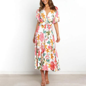 White Floral Print Butterfly Sleeve Ruffle Hem Belted Dress