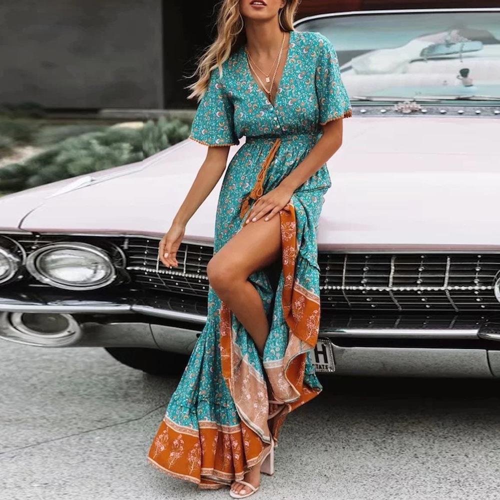 Floral Print Waist Tassel Tie Button Through Flared Sleeve Dress