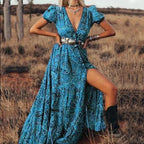 Floral Print Puff Sleeve Button Front Through V Neck Ruffle Slit Hem Dress Without Belt