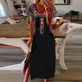 Black Round Neck Colorful Floral Print Short Sleeve Long Dress
