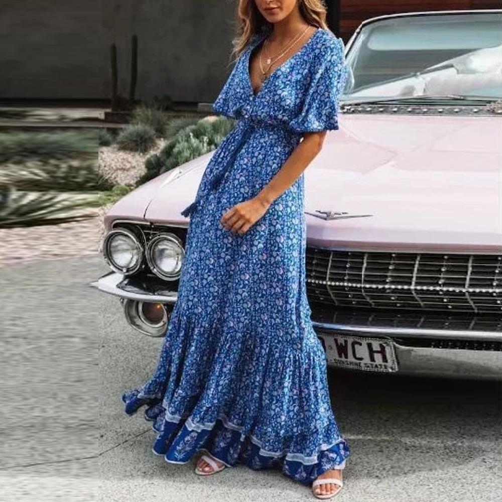 Floral Print Waist Tassel Tie Button Through Flared Sleeve Dress
